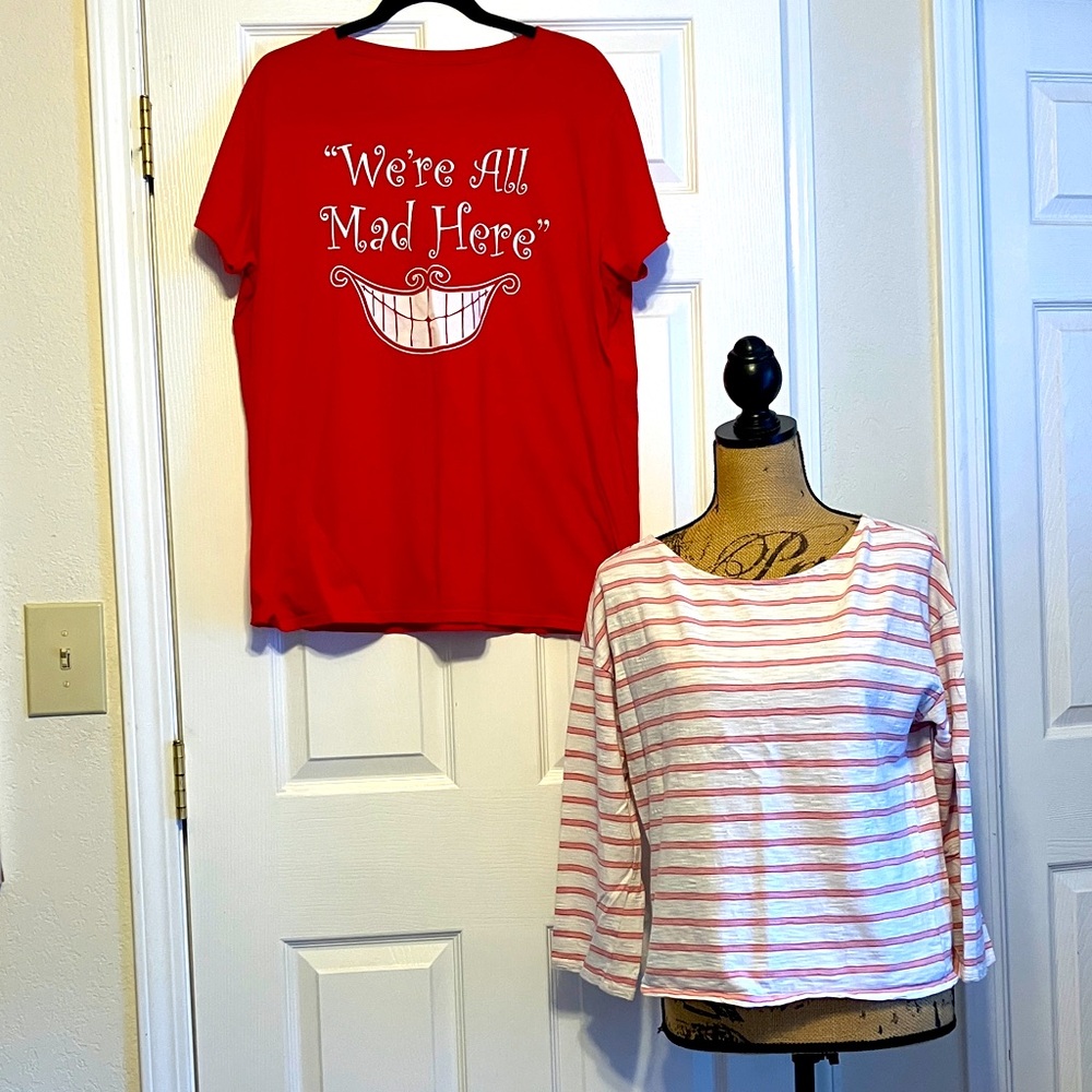 Cotton shirts bundle - ana pink red striped, Weāre All Mad Here t-shirt size L